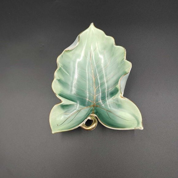 Vintage Norcrest Leaf Trinket Dish Candy Handpainted Green Leaf Gold Trim - Picture 5 of 11